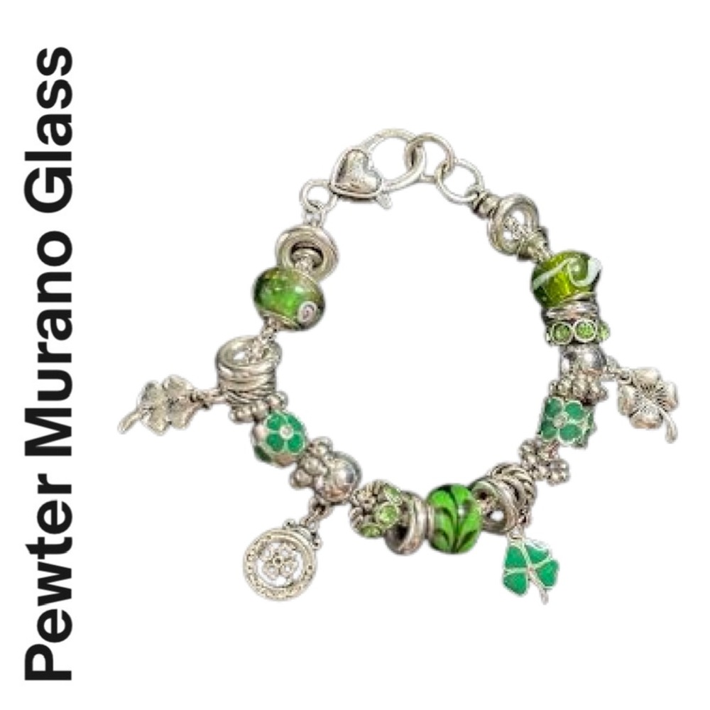 🍀Irish Pewter & Murano Glass Irish Charm Charm Bracelet